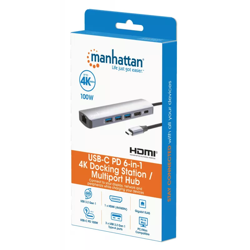 Dock/Hub USB-C Manhattan, ligações (x6): Ethernet, HDMI, USB-A (x3) e USB-C, com Power Delivery (PD) 100W – requer carregador USB-C externo (não incluído). Alimentado por USB (sem fonte de alimentação externa necessária), quando o PD não é utilizado
