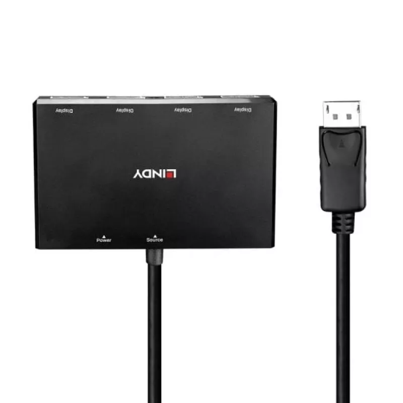 Hub MST DisplayPort 1.2 Lindy de 4 portas, DisplayPort, DisplayPort, 1920 x 1080 (HD 1080), 3840 x 2160, preto, acrilonitrilo-butadieno-estireno (ABS), CE, UKCA, FCC, RoHS e REACH