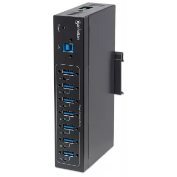 Hub USB-A de 7 portas Manhattan Industrial, 7 portas USB-A, 5 Gbps (USB 3.2 Gen1 também conhecido como USB 3.0), proteção ESD de 20 kV, opções de alimentação A/C, bus e barramento de terminais, calha DIN, montagem na parede, caixa de metal, bloqueio por parafuso