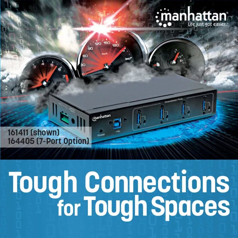 Hub USB-A de 7 portas Manhattan Industrial, 7 portas USB-A, 5 Gbps (USB 3.2 Gen1 também conhecido como USB 3.0), proteção ESD de 20 kV, opções de alimentação A/C, bus e barramento de terminais, calha DIN, montagem na parede, caixa de metal, bloqueio por parafuso