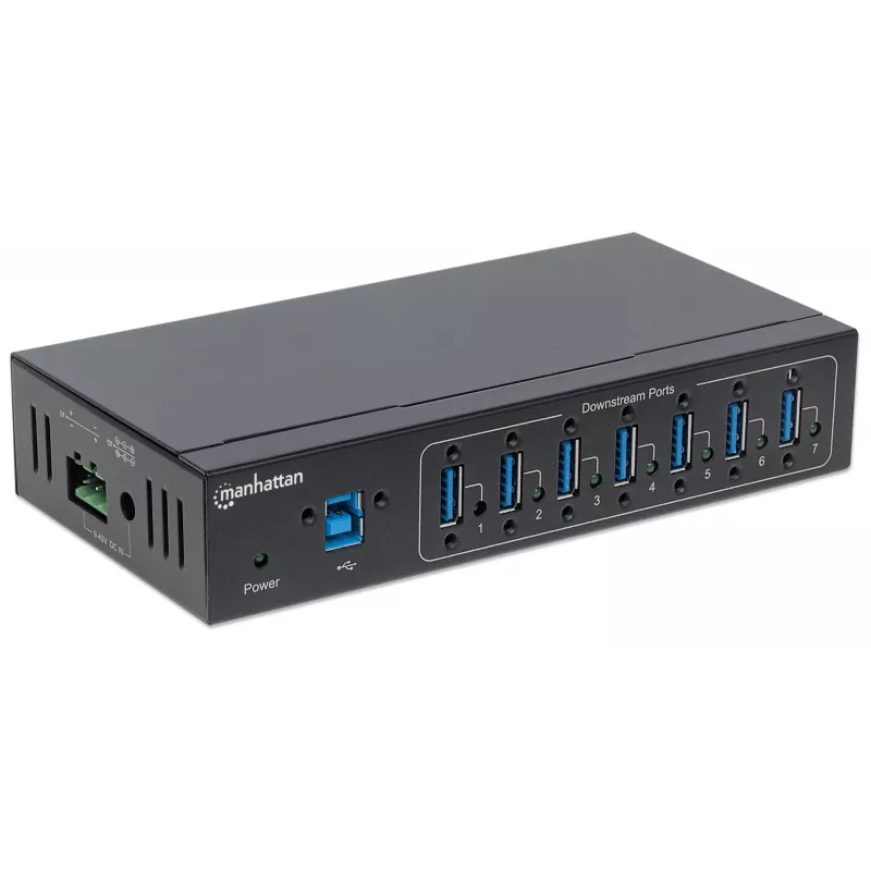 Hub USB-A de 7 portas Manhattan Industrial, 7 portas USB-A, 5 Gbps (USB 3.2 Gen1 também conhecido como USB 3.0), proteção ESD de 20 kV, opções de alimentação A/C, bus e barramento de terminais, calha DIN, montagem na parede, caixa de metal, bloqueio por parafuso