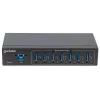 Hub USB-A de 7 portas Manhattan Industrial, 7 portas USB-A, 5 Gbps (USB 3.2 Gen1 também conhecido como USB 3.0), proteção ESD de 20 kV, opções de alimentação A/C, bus e barramento de terminais, calha DIN, montagem na parede, caixa de metal, bloqueio por parafuso