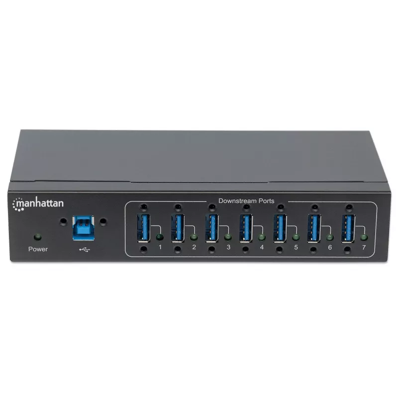 Hub USB-A de 7 portas Manhattan Industrial, 7 portas USB-A, 5 Gbps (USB 3.2 Gen1 também conhecido como USB 3.0), proteção ESD de 20 kV, opções de alimentação A/C, bus e barramento de terminais, calha DIN, montagem na parede, caixa de metal, bloqueio por parafuso