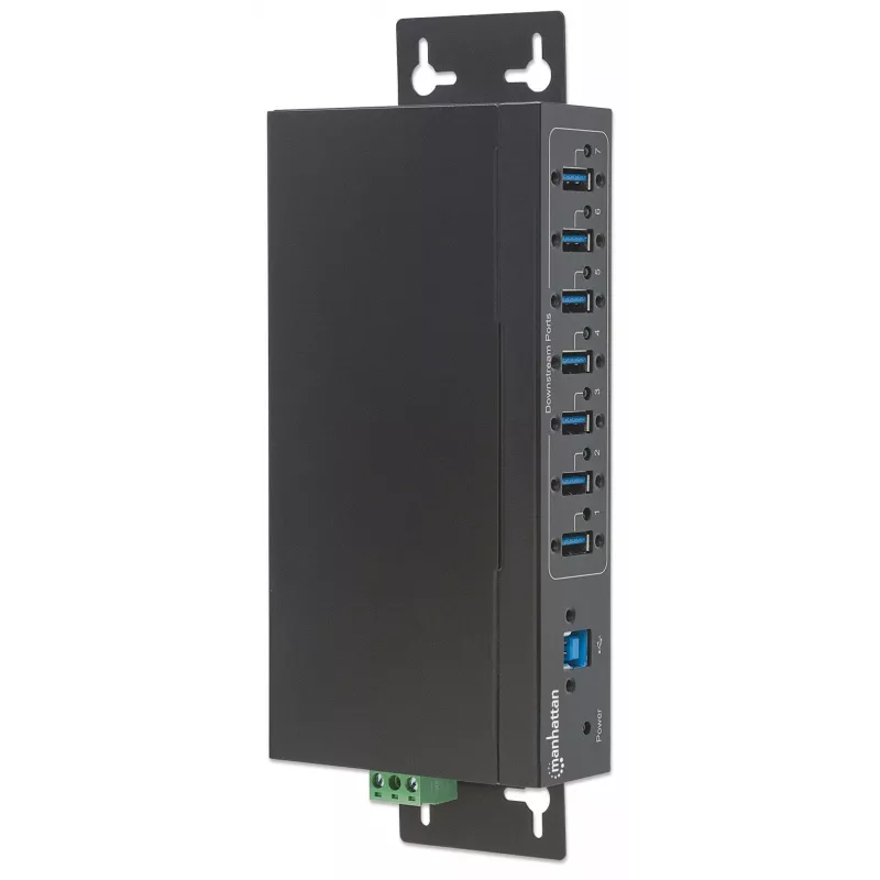 Hub USB-A de 7 portas Manhattan Industrial, 7 portas USB-A, 5 Gbps (USB 3.2 Gen1 também conhecido como USB 3.0), proteção ESD de 20 kV, opções de alimentação A/C, bus e barramento de terminais, calha DIN, montagem na parede, caixa de metal, bloqueio por parafuso