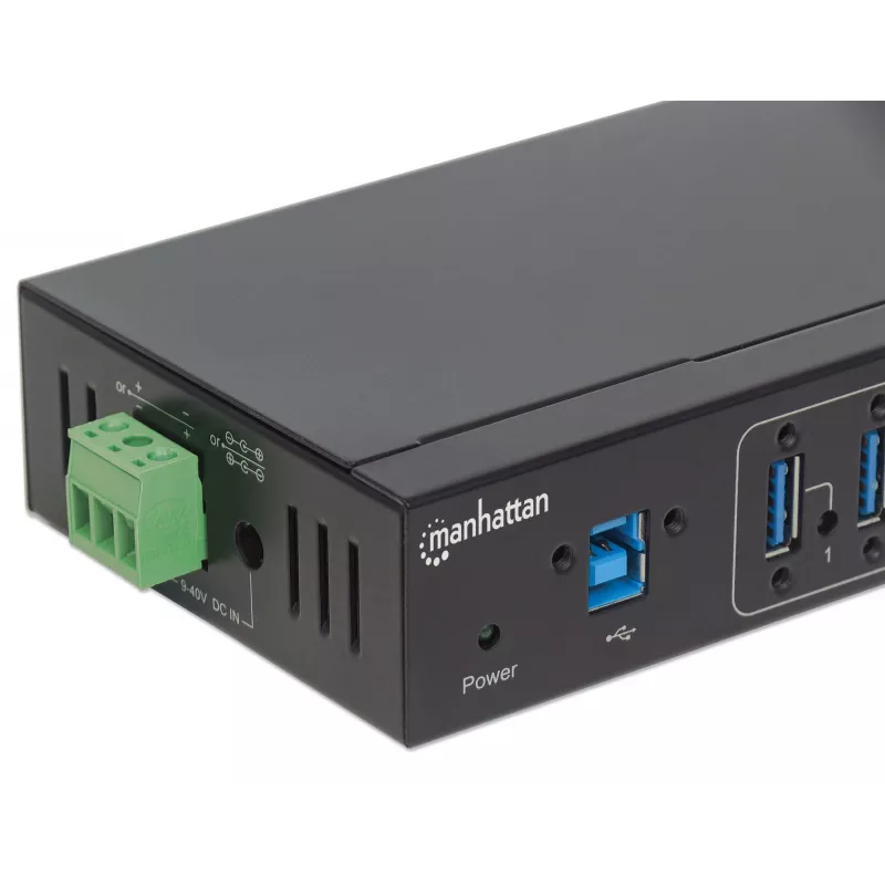 Hub USB-A de 7 portas Manhattan Industrial, 7 portas USB-A, 5 Gbps (USB 3.2 Gen1 também conhecido como USB 3.0), proteção ESD de 20 kV, opções de alimentação A/C, bus e barramento de terminais, calha DIN, montagem na parede, caixa de metal, bloqueio por parafuso