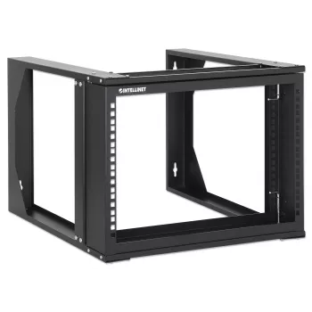 Rack de rede de parede open frame Intellinet 19 polegadas, 6 U, estrutura basculante com abertura frontal, embalagem plana, 2 postes, 45 cm de profundidade, preto RAL 9004