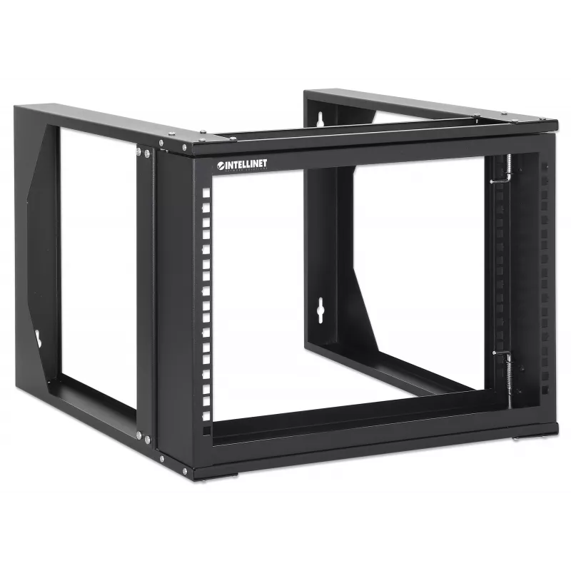 Rack de rede de parede open frame Intellinet 19 polegadas, 6 U, estrutura basculante com abertura frontal, embalagem plana, 2 postes, 45 cm de profundidade, preto RAL 9004
