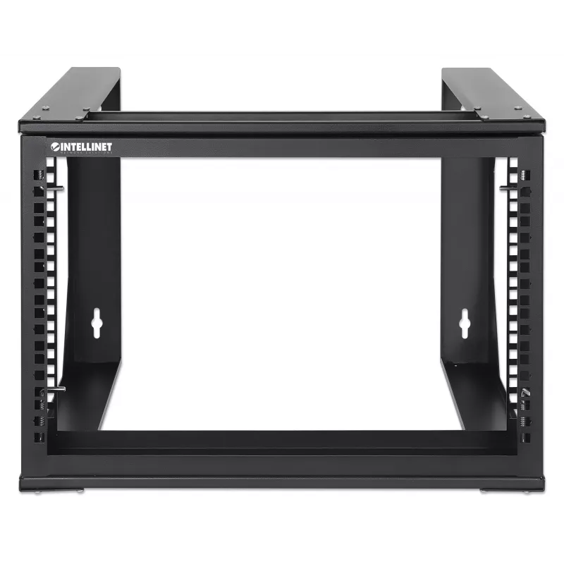 Rack de rede de parede open frame Intellinet 19 polegadas, 6 U, estrutura basculante com abertura frontal, embalagem plana, 2 postes, 45 cm de profundidade, preto RAL 9004