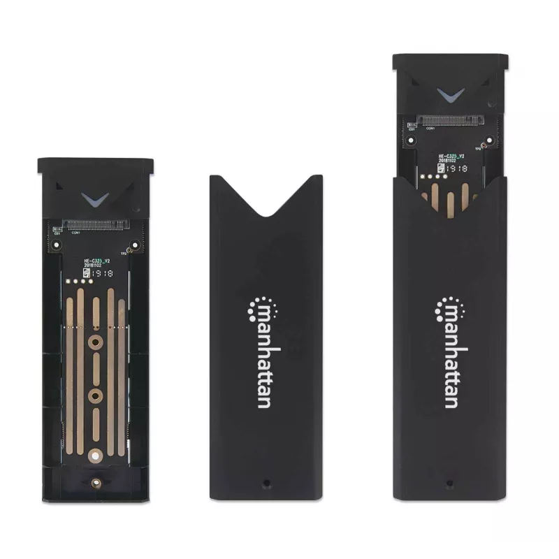 Caixa para SSD M.2 NVMe Manhattan, conector fêmea USB-C, 10 Gbit/s (USB 3.2 Gen2 também conhecido como USB 3.1), compatível com UASP, SuperSpeed+ USB, alumínio, preto, três anos de garantia