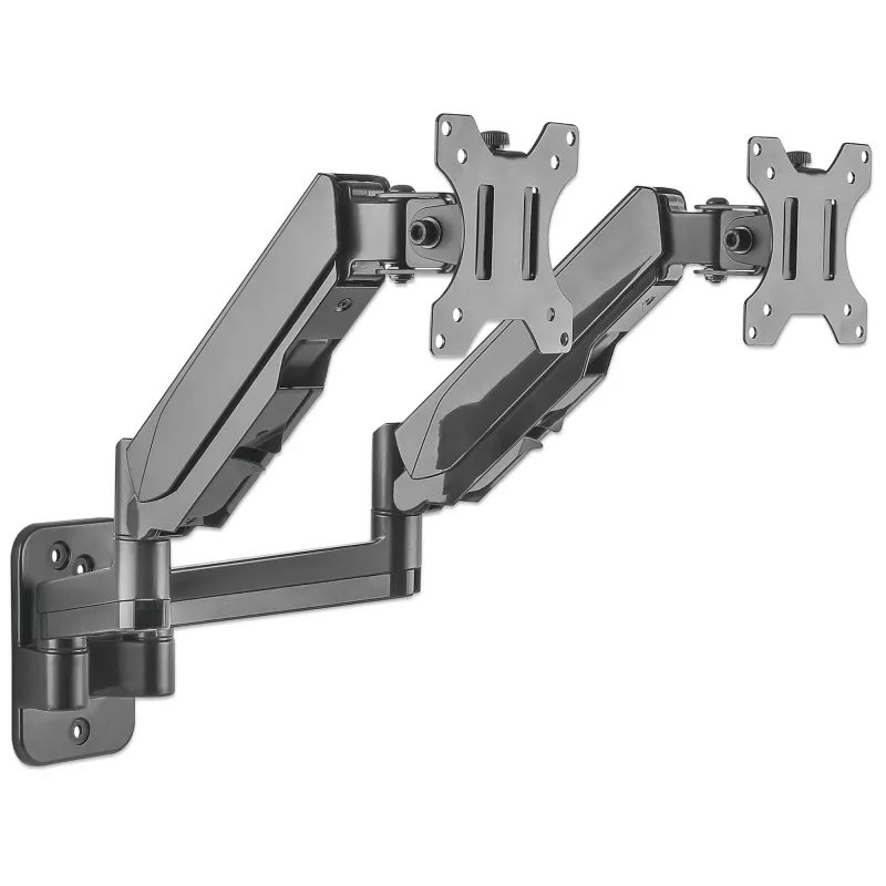 Suporte de Parede Duplo Manhattan para TV e Monitores (braço a gás de movimento total), para ecrãs de 17 a 32 polegadas, compatibilidade VESA: 75x75mm e 100x100mm – verifique as dimensões dos quatro orifícios de fixação na parte traseira do ecrã para garantir a compatibilidade, máx. 8 kg por braço, Preto, suporte