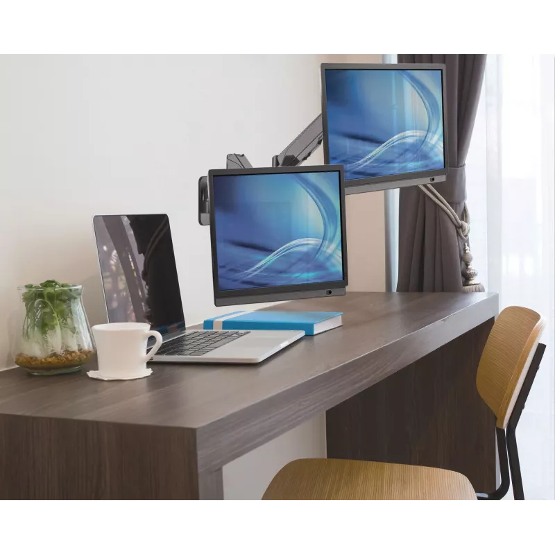 Suporte de Parede Duplo Manhattan para TV e Monitores (braço a gás de movimento total), para ecrãs de 17 a 32 polegadas, compatibilidade VESA: 75x75mm e 100x100mm – verifique as dimensões dos quatro orifícios de fixação na parte traseira do ecrã para garantir a compatibilidade, máx. 8 kg por braço, Preto, suporte
