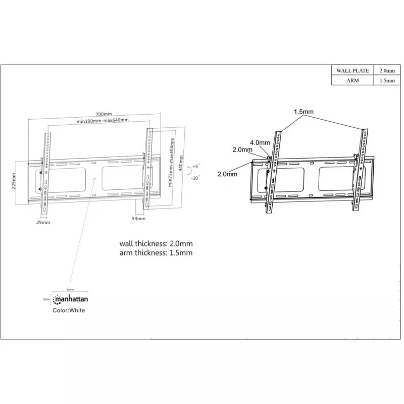 Suporte de Parede Manhattan para TV e Monitores (inclinável), para ecrãs de 37 a 65 polegadas, compatibilidade VESA: todas entre 200x200mm e 600x400mm – verifique as dimensões dos quatro orifícios de fixação na parte traseira do ecrã para garantir a compatibilidade, máx. 80kg, Preto, suporte