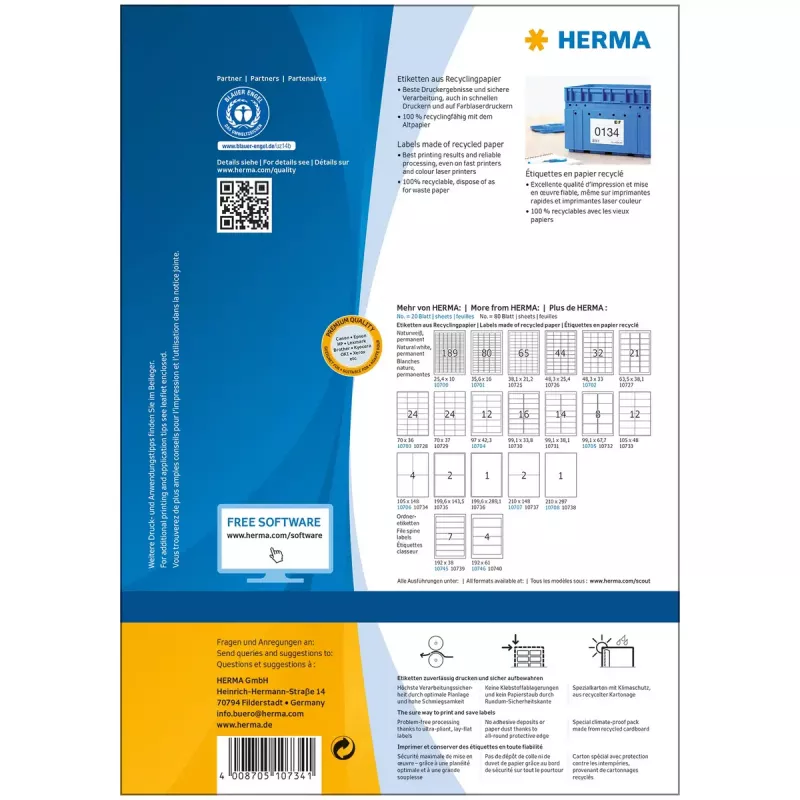 Etiquetas de impressora autocolantes HERMA 10734 branco 10,5x14,8 cm 320 etiquetas