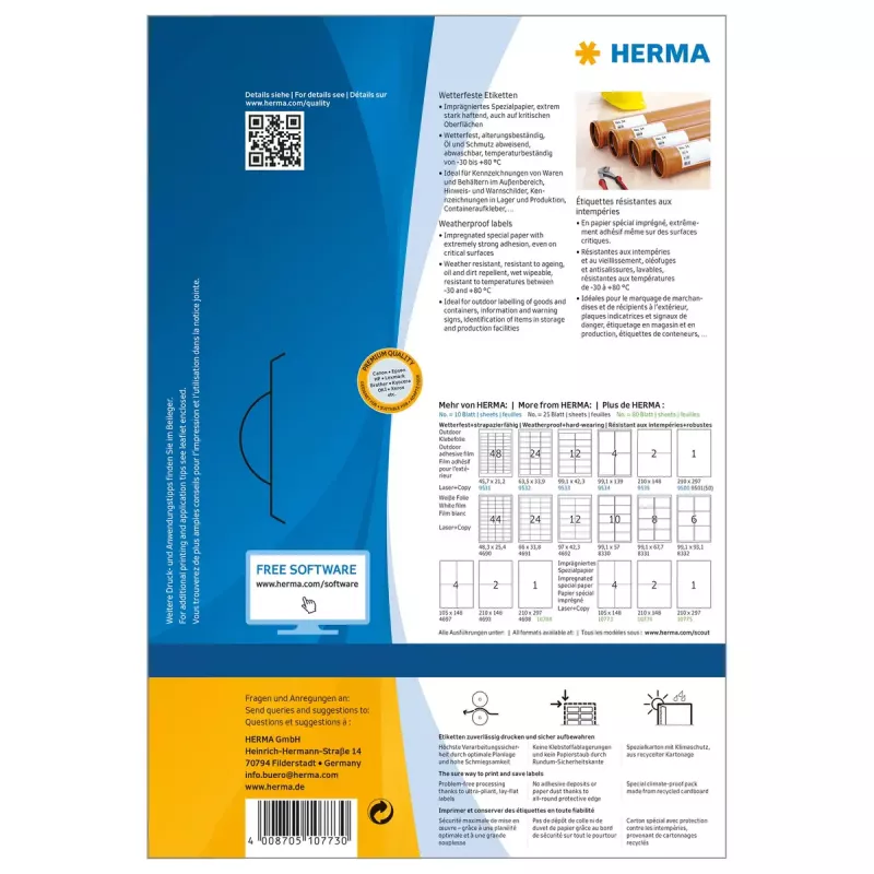 HERMA 10773 etiquetas resistentes às intempéries, 105 x 148 mm, A4, autoadesivas, brancas