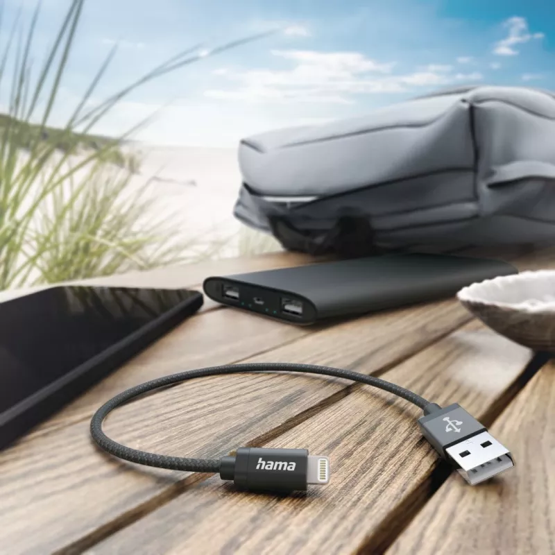 Cabo de carregamento Hama, USB-A - Lightning, 0,2 m, nylon, preto