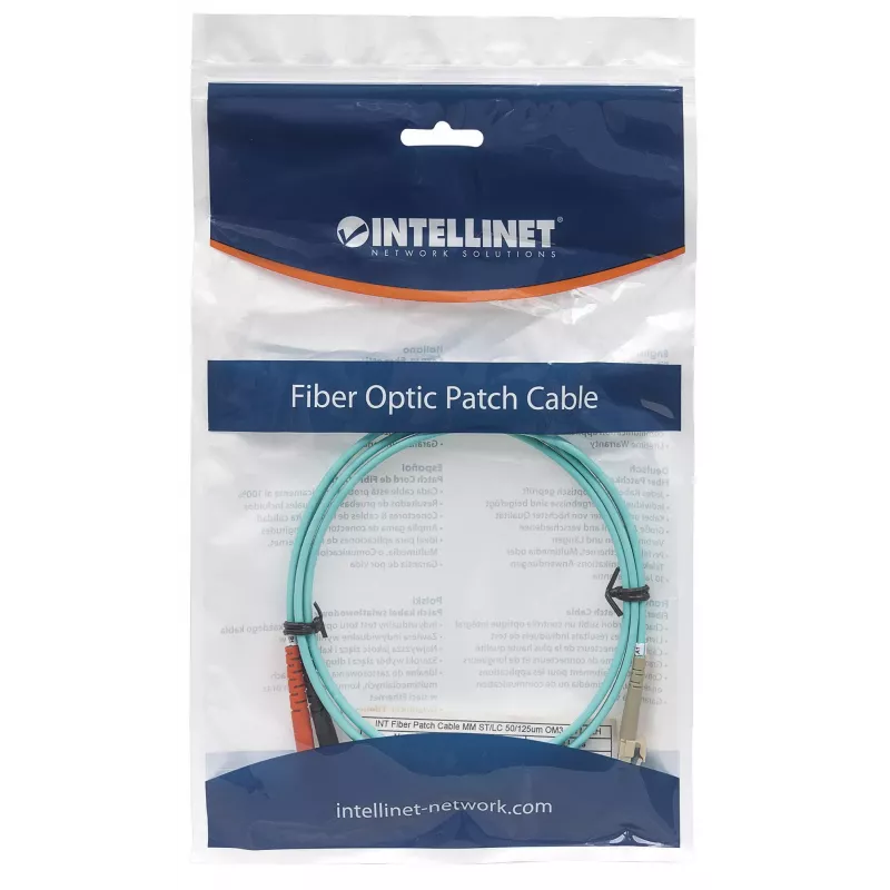 Cabo patch de fibra ótica Intellinet, OM3, ST/LC, 1 m, água, duplex, multimodo, 50/125 µm, LSZH, fibra ótica, garantia vitalícia