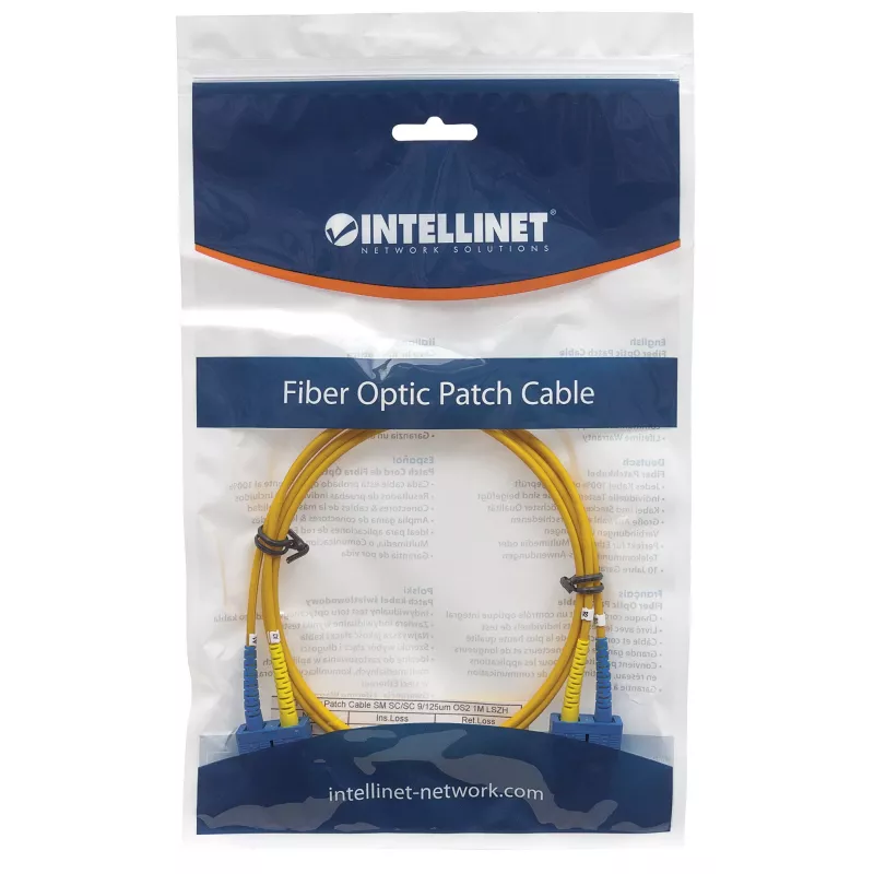 Cabo de patch de fibra ótica Intellinet, OS2, SC/SC, 5 m, amarelo, duplex, monomodo, 9/125 µm, LSZH, fibra ótica, garantia vitalícia