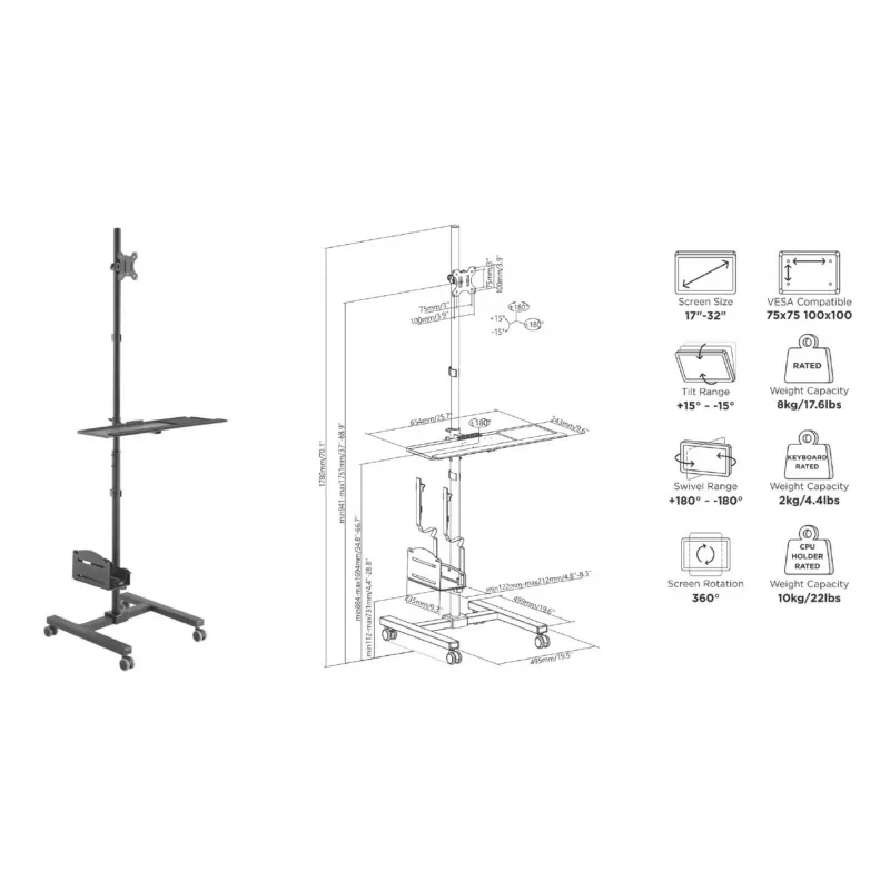 Carrinho multimédia Equip 17 inch-32 inch monitor único estação de trabalho móvel