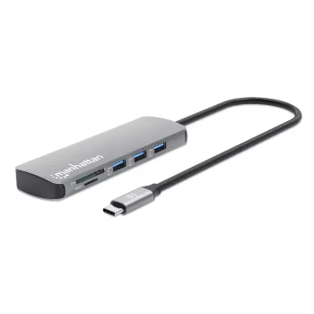 Dock/hub USB-C Manhattan com leitor de cartões, ligações (x7): Ethernet, HDMI, USB-A (x3) e USB-C (x2), com Power Delivery (PD) 100 W – requer carregador USB-C externo (não incluído). Alimentado por USB (não requer fonte de alimentação externa) quando o PD não é utilizado.