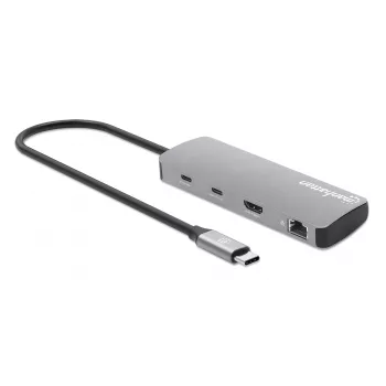 Dock/hub USB-C Manhattan com leitor de cartões, ligações (x7): Ethernet, HDMI, USB-A (x3) e USB-C (x2), com Power Delivery (PD) 100 W – requer carregador USB-C externo (não incluído). Alimentado por USB (não requer fonte de alimentação externa) quando o PD não é utilizado.