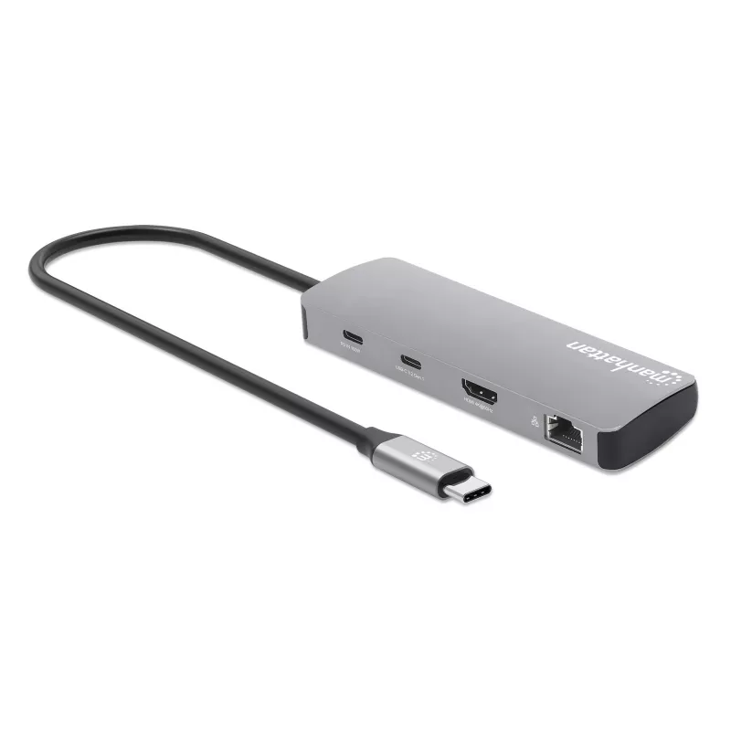 Dock/hub USB-C Manhattan com leitor de cartões, ligações (x7): Ethernet, HDMI, USB-A (x3) e USB-C (x2), com Power Delivery (PD) 100 W – requer carregador USB-C externo (não incluído). Alimentado por USB (não requer fonte de alimentação externa) quando o PD não é utilizado.