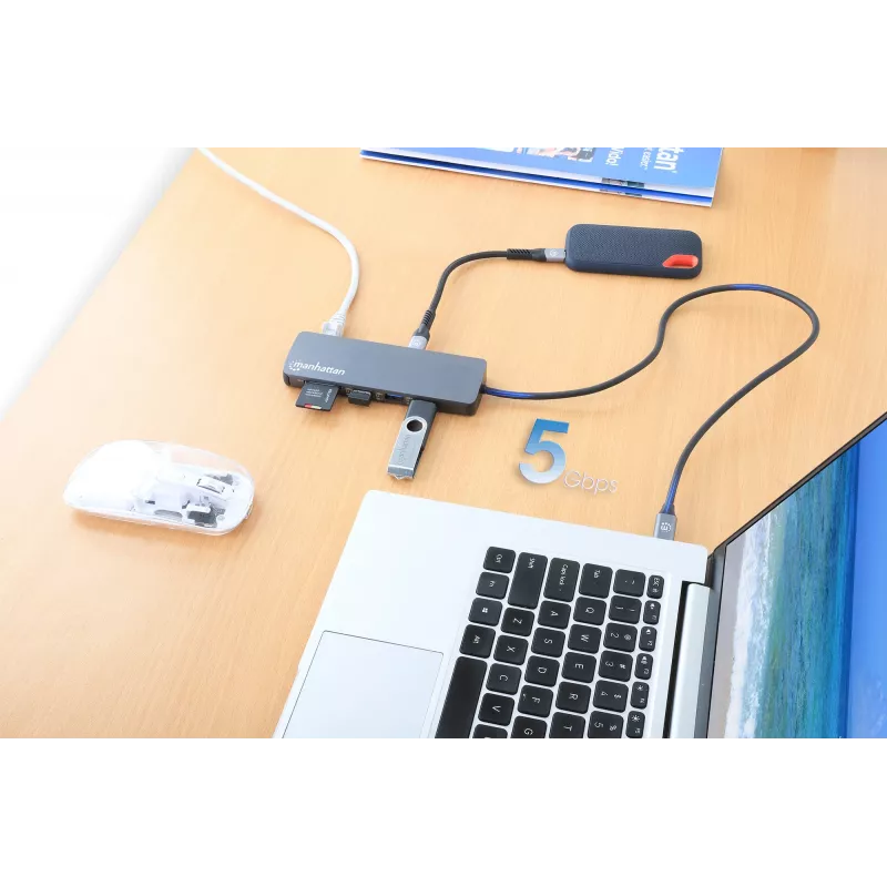Dock/hub USB-C Manhattan com leitor de cartões, ligações (x7): Ethernet, HDMI, USB-A (x3) e USB-C (x2), com Power Delivery (PD) 100 W – requer carregador USB-C externo (não incluído). Alimentado por USB (não requer fonte de alimentação externa) quando o PD não é utilizado.