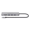Dock/hub USB-C Manhattan com leitor de cartões, ligações (x7): Ethernet, HDMI, USB-A (x3) e USB-C (x2), com Power Delivery (PD) 100 W – requer carregador USB-C externo (não incluído). Alimentado por USB (não requer fonte de alimentação externa) quando o PD não é utilizado.
