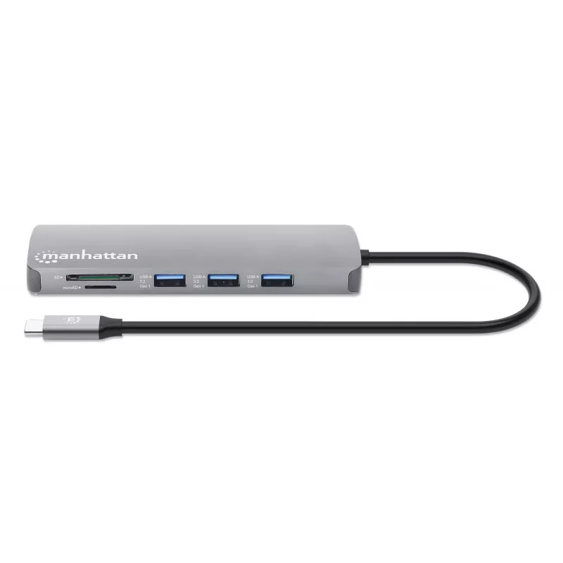 Dock/hub USB-C Manhattan com leitor de cartões, ligações (x7): Ethernet, HDMI, USB-A (x3) e USB-C (x2), com Power Delivery (PD) 100 W – requer carregador USB-C externo (não incluído). Alimentado por USB (não requer fonte de alimentação externa) quando o PD não é utilizado.