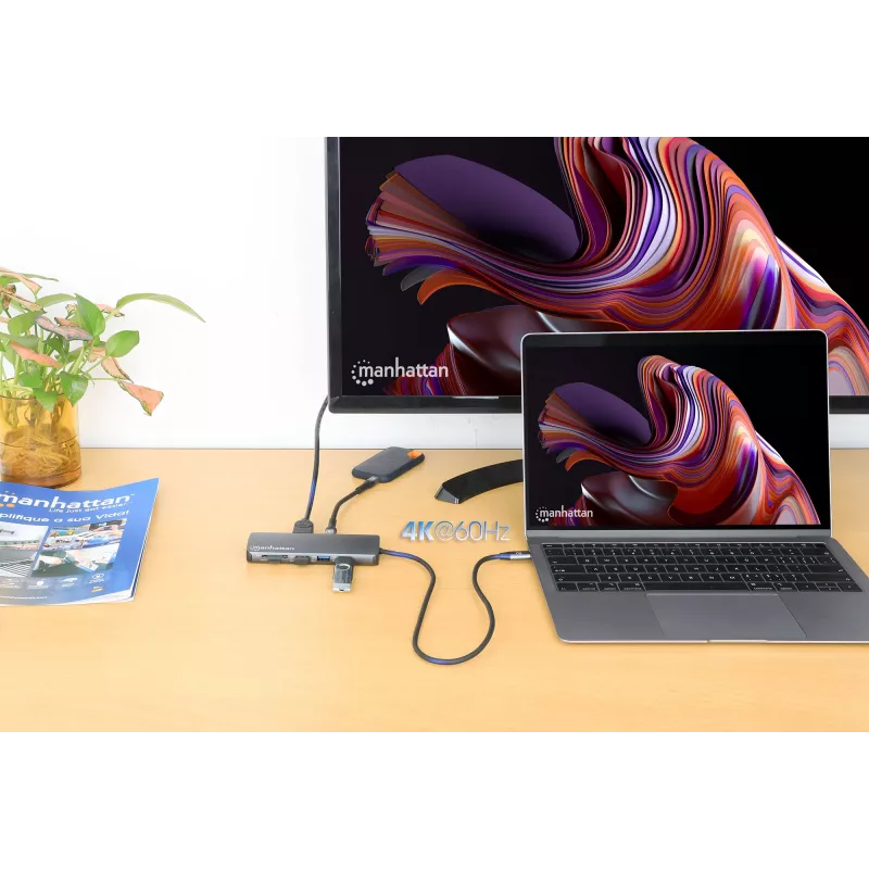 Dock/hub USB-C Manhattan com leitor de cartões, ligações (x7): Ethernet, HDMI, USB-A (x3) e USB-C (x2), com Power Delivery (PD) 100 W – requer carregador USB-C externo (não incluído). Alimentado por USB (não requer fonte de alimentação externa) quando o PD não é utilizado.