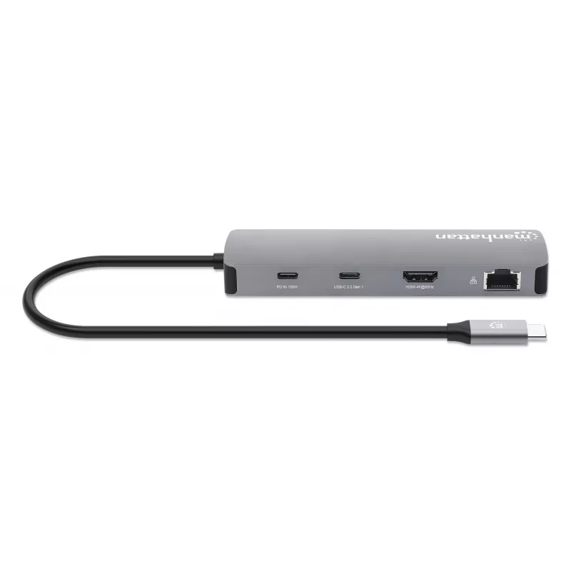 Dock/hub USB-C Manhattan com leitor de cartões, ligações (x7): Ethernet, HDMI, USB-A (x3) e USB-C (x2), com Power Delivery (PD) 100 W – requer carregador USB-C externo (não incluído). Alimentado por USB (não requer fonte de alimentação externa) quando o PD não é utilizado.