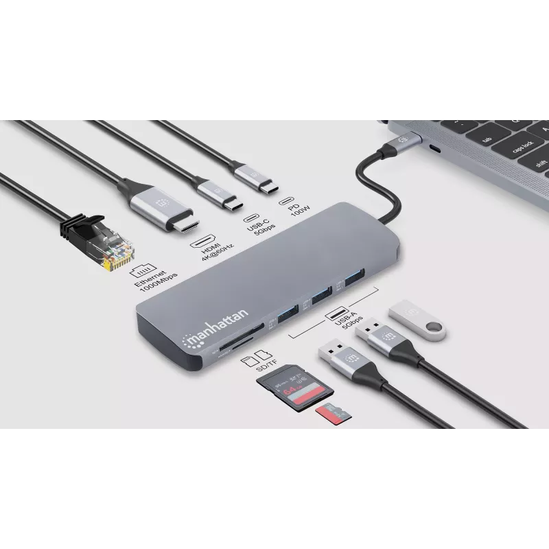 Dock/hub USB-C Manhattan com leitor de cartões, ligações (x7): Ethernet, HDMI, USB-A (x3) e USB-C (x2), com Power Delivery (PD) 100 W – requer carregador USB-C externo (não incluído). Alimentado por USB (não requer fonte de alimentação externa) quando o PD não é utilizado.