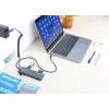 Dock/hub USB-C Manhattan com leitor de cartões, ligações (x7): Ethernet, HDMI, USB-A (x3) e USB-C (x2), com Power Delivery (PD) 100 W – requer carregador USB-C externo (não incluído). Alimentado por USB (não requer fonte de alimentação externa) quando o PD não é utilizado.