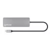 Dock/hub USB-C Manhattan com leitor de cartões, ligações (x7): Ethernet, HDMI, USB-A (x3) e USB-C (x2), com Power Delivery (PD) 100 W – requer carregador USB-C externo (não incluído). Alimentado por USB (não requer fonte de alimentação externa) quando o PD não é utilizado.
