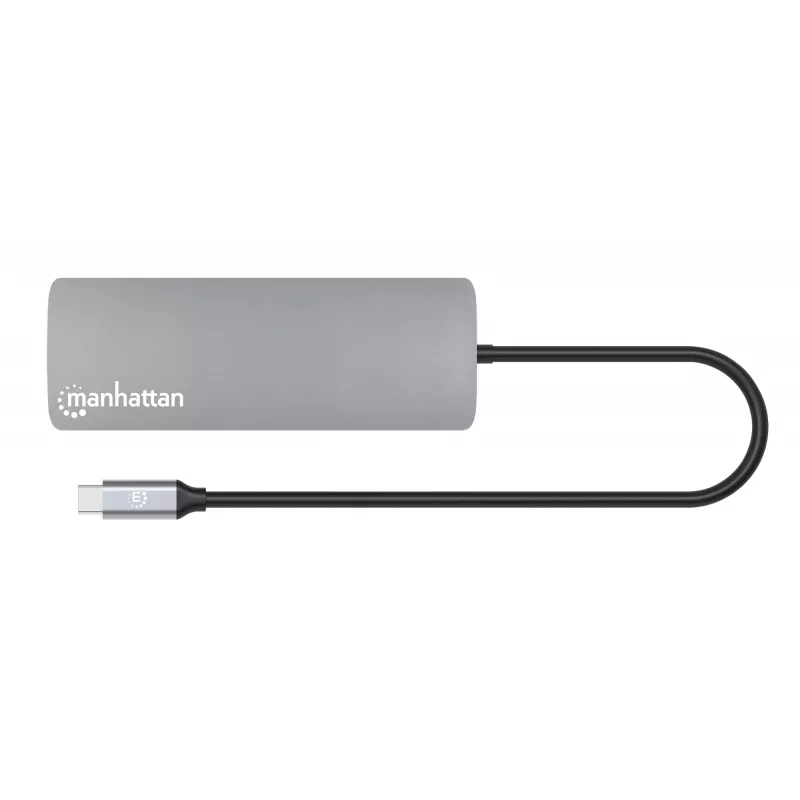Dock/hub USB-C Manhattan com leitor de cartões, ligações (x7): Ethernet, HDMI, USB-A (x3) e USB-C (x2), com Power Delivery (PD) 100 W – requer carregador USB-C externo (não incluído). Alimentado por USB (não requer fonte de alimentação externa) quando o PD não é utilizado.