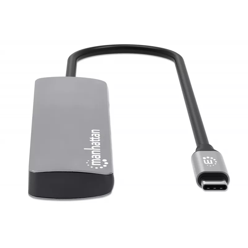Dock/hub USB-C Manhattan com leitor de cartões, ligações (x7): Ethernet, HDMI, USB-A (x3) e USB-C (x2), com Power Delivery (PD) 100 W – requer carregador USB-C externo (não incluído). Alimentado por USB (não requer fonte de alimentação externa) quando o PD não é utilizado.