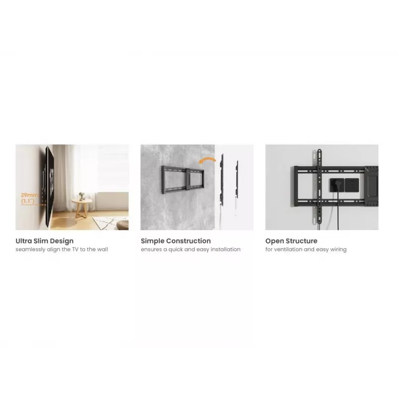 Suporte de parede fixo plano para TV EQUIP para ecrãs de 43 a 95 polegadas, VESA 200×200–800×400, carga máx. 75 kg, preto
