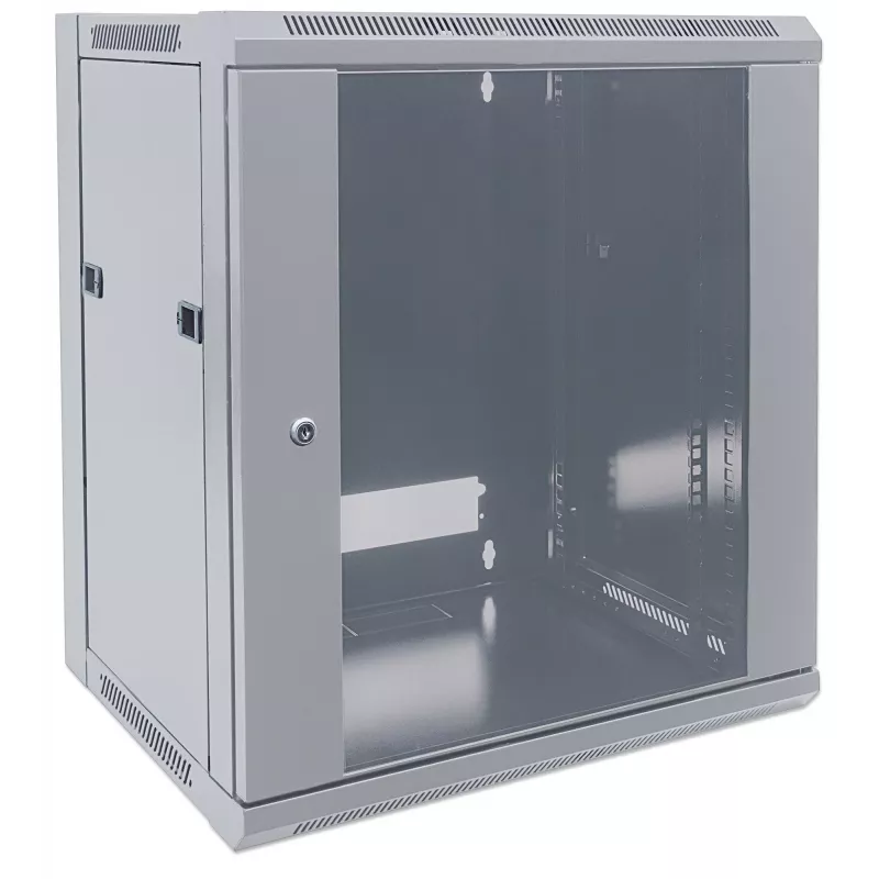 Armário de rede Intellinet 19 polegadas – montagem na parede (standard), 12U, 600 mm de profundidade, cinzento, embalagem plana, máx. 60 kg, porta de metal e vidro, painel traseiro, laterais removíveis, também adequado para colocação em mesa ou chão, profundidade útil 410 mm, peças para instalação na parede (por exemplo, parafusos/buchas) não incluídas