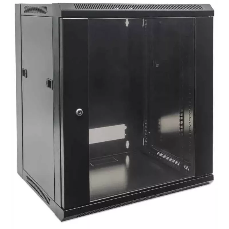 Armário de rede Intellinet 19 inch – montagem na parede (standard), 15HE, 600 mm de profundidade, preto, desmontado, máx. 60 kg, porta de metal e vidro, painel traseiro, laterais removíveis, também adequado para colocação em mesa ou no chão, profundidade útil 410 mm, peças para montagem na parede não incluídas