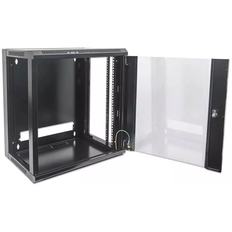Armário de rede Intellinet 19 inch – montagem na parede (standard), 15HE, 600 mm de profundidade, preto, desmontado, máx. 60 kg, porta de metal e vidro, painel traseiro, laterais removíveis, também adequado para colocação em mesa ou no chão, profundidade útil 410 mm, peças para montagem na parede não incluídas