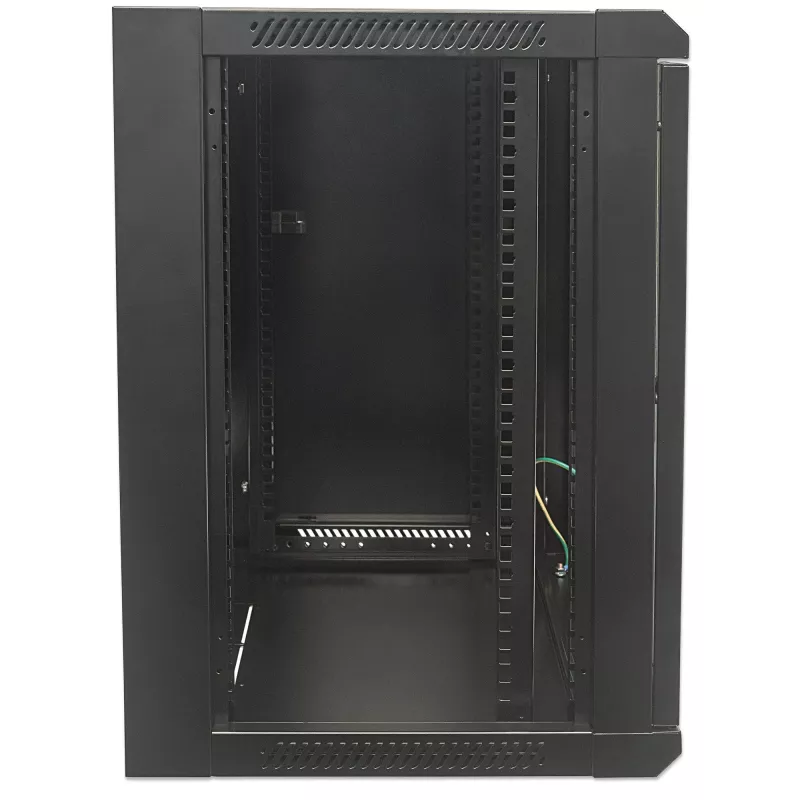 Armário de rede Intellinet 19 polegadas - montagem na parede (standard), 15U, 450mm de profundidade, preto, embalagem plana, máx. 60kg, porta de metal e vidro, painel traseiro, laterais removíveis, também adequado para utilização em secretária ou chão, profundidade útil 260mm a 350mm, T