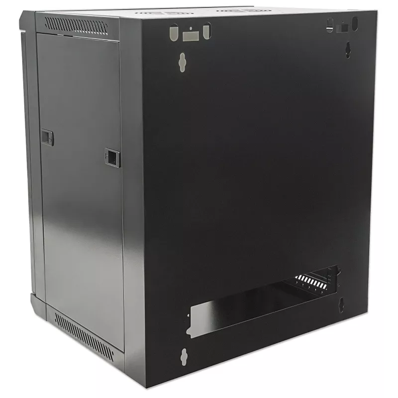 Armário de rede Intellinet 19 polegadas - montagem na parede (standard), 15U, 450mm de profundidade, preto, embalagem plana, máx. 60kg, porta de metal e vidro, painel traseiro, laterais removíveis, também adequado para utilização em secretária ou chão, profundidade útil 260mm a 350mm, T