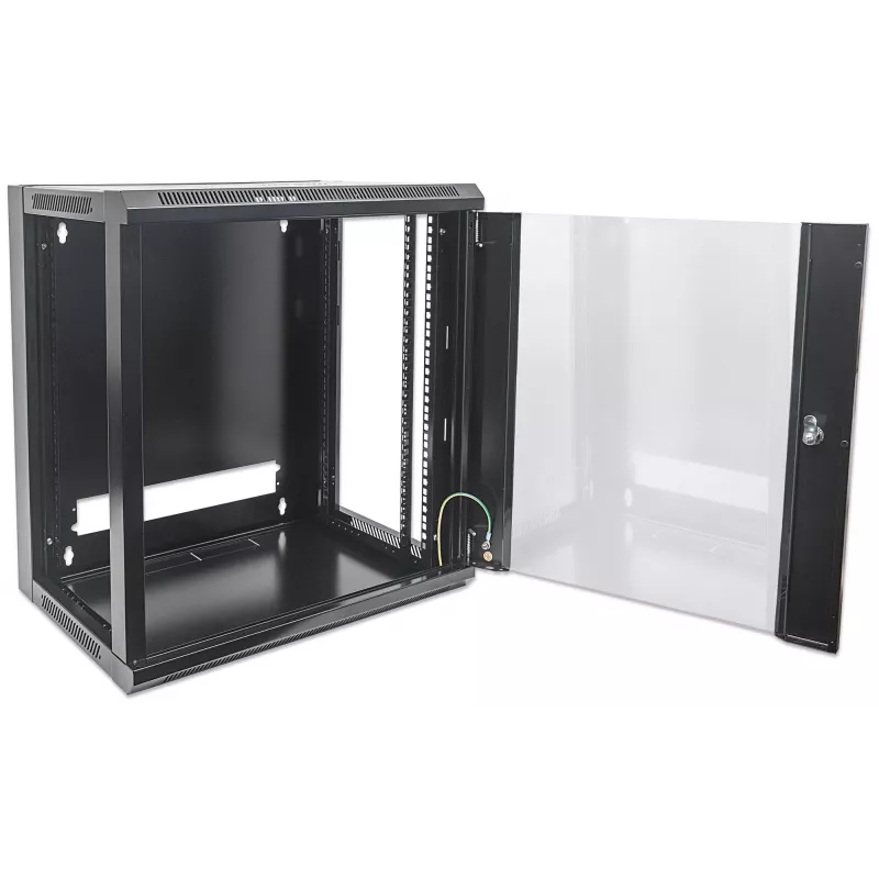 Armário de rede Intellinet 19 polegadas - montagem na parede (standard), 15U, 450mm de profundidade, preto, embalagem plana, máx. 60kg, porta de metal e vidro, painel traseiro, laterais removíveis, também adequado para utilização em secretária ou chão, profundidade útil 260mm a 350mm, T