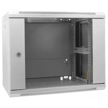 Armário de rede Intellinet 19 polegadas – montagem na parede (standard), 9U, 600 mm de profundidade, cinzento, montado, máx. 60 kg, também adequado para colocação em mesa ou chão, profundidade útil 500 mm, porta de metal e vidro, painel traseiro, laterais removíveis, peças para montagem na parede (por exemplo, parafusos/buchas) não incluídas