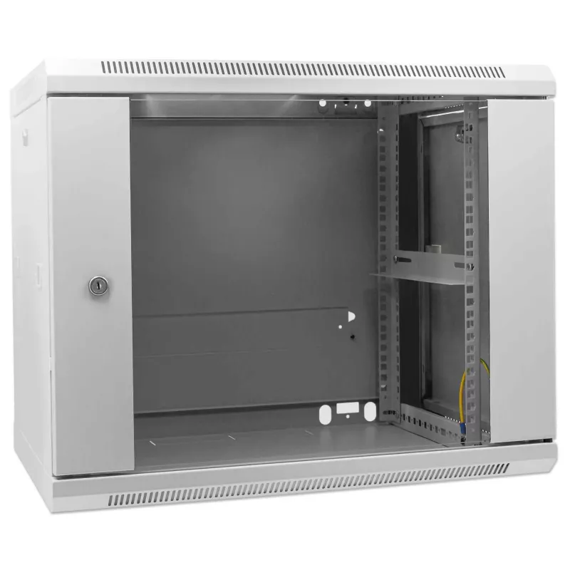 Armário de rede Intellinet 19 polegadas – montagem na parede (standard), 9U, 600 mm de profundidade, cinzento, montado, máx. 60 kg, também adequado para colocação em mesa ou chão, profundidade útil 500 mm, porta de metal e vidro, painel traseiro, laterais removíveis, peças para montagem na parede (por exemplo, parafusos/buchas) não incluídas