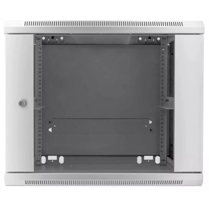 Armário de rede Intellinet 19 polegadas – montagem na parede (standard), 9U, 600 mm de profundidade, cinzento, montado, máx. 60 kg, também adequado para colocação em mesa ou chão, profundidade útil 500 mm, porta de metal e vidro, painel traseiro, laterais removíveis, peças para montagem na parede (por exemplo, parafusos/buchas) não incluídas
