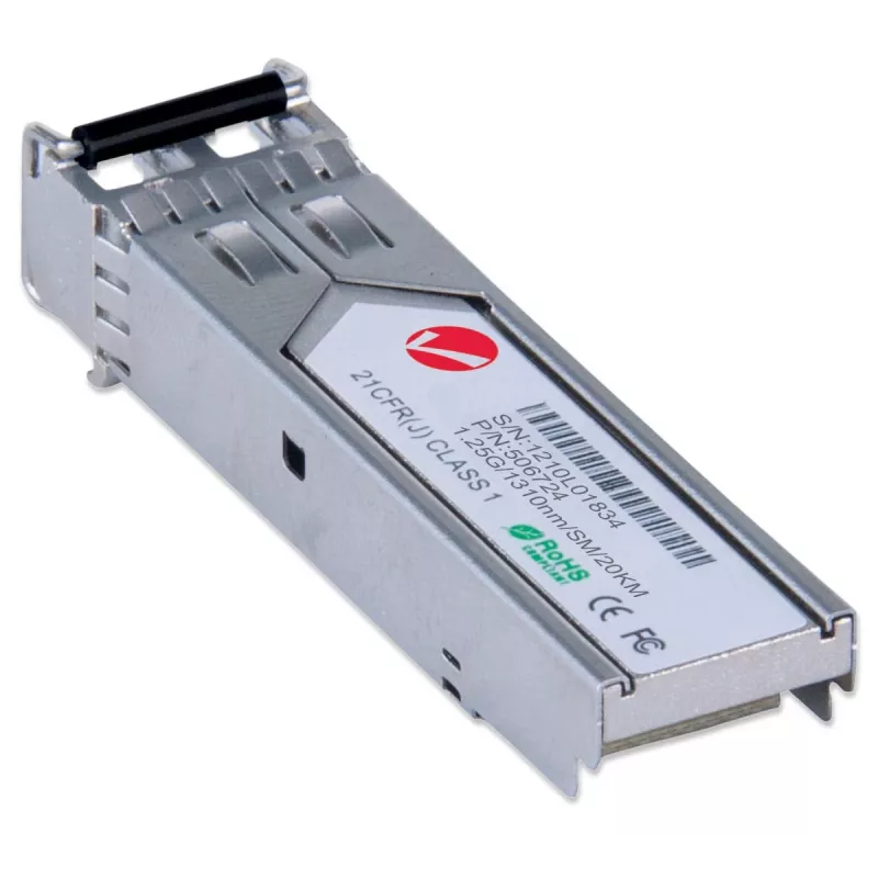 Módulo transceptor Intellinet ótico, Gigabit Fiber SFP Mini-GBIC, porta 1000Base-Lx (LC) monomodo, 20 km, comprimento de onda 1310 nm, Ethernet, fibra ótica, compatível com MSA, equivalente a Cisco GLC-LH-SM, três anos de garantia