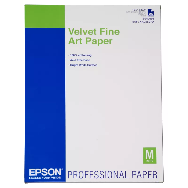 Papel Epson Velvet Fine Art, DIN A2, 260 g/m², 25 folhas, 42 cm, mate, 480 µm, 260 g/m²
