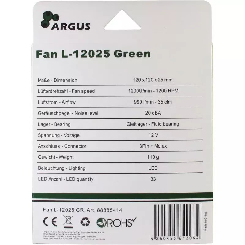 Ventoinha Inter-Tech L-12025 Ventoinha para caixa de computador 12 cm preta verde