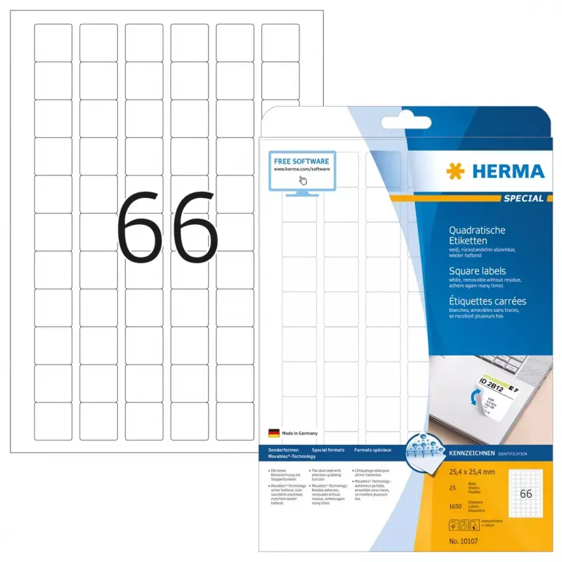 Etiquetas autocolantes HERMA Removable A4 25,4x25,4 mm 1650 unid.