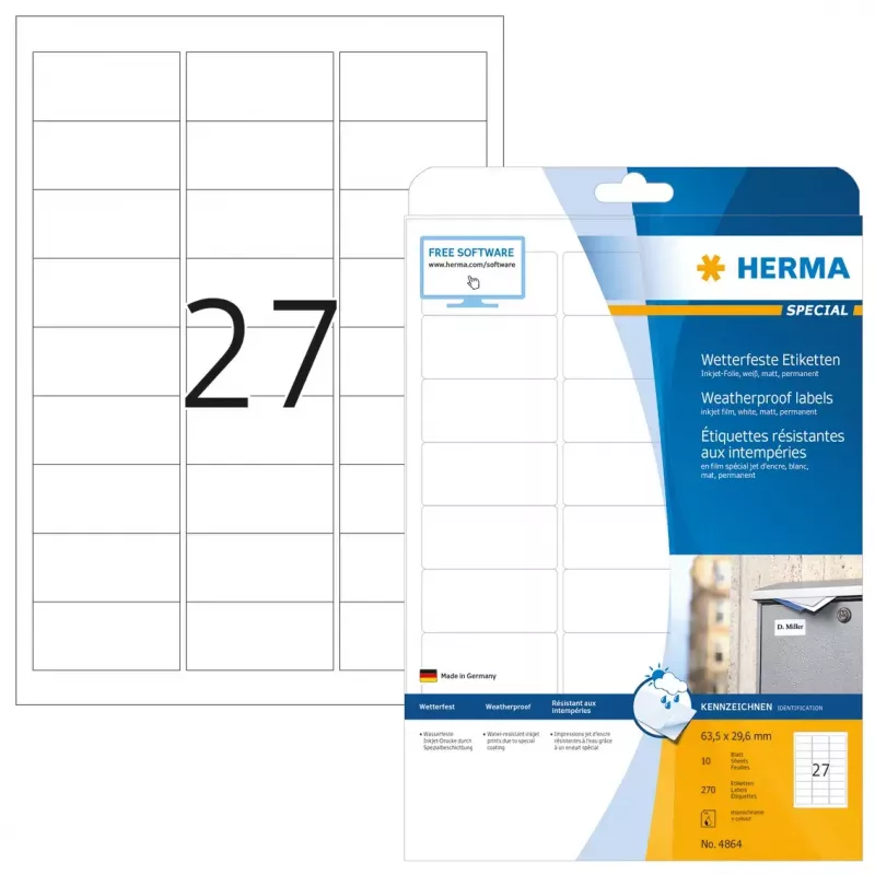 Etiquetas jato de tinta HERMA A4 63,5x29,6 mm película branca mate resistente às intempéries 270 unid.
